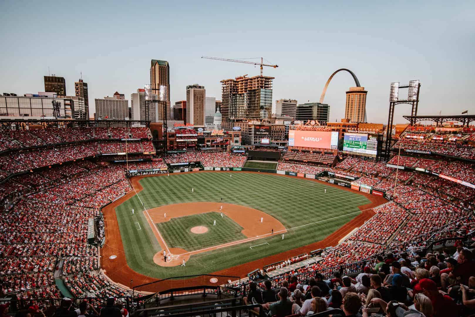 Busch Stadium with the Gateway Arch in the background